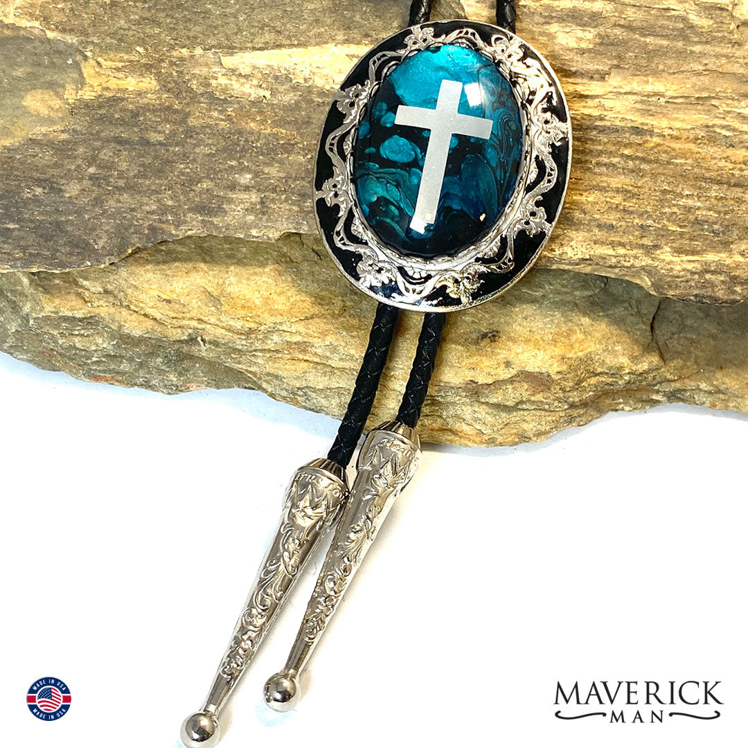 Christian bolo tie in turquoise and black