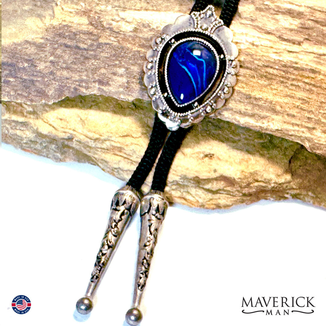 Silver and blue bolo tie with long cords