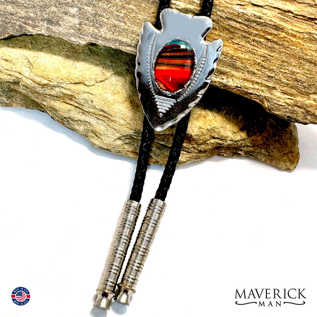 Silver arrowhead bolo tie with southwestern hand painted stone