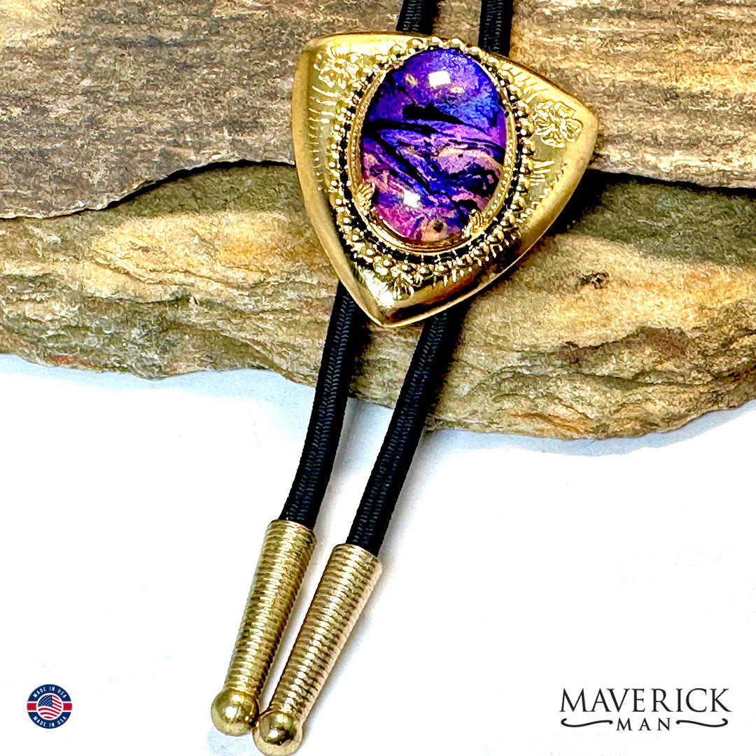 Golden bolo with hand painted stone in gold and purples