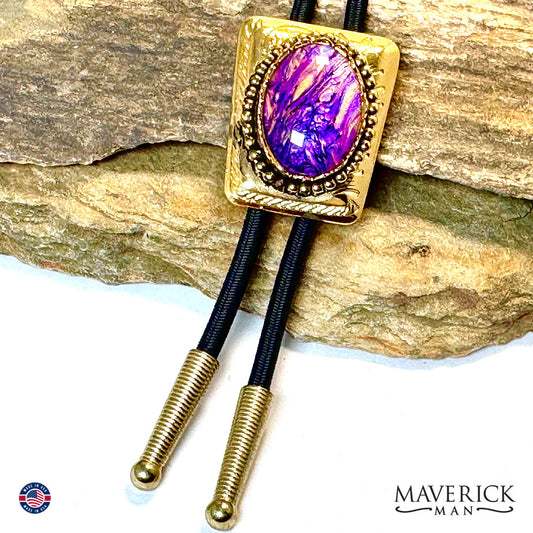 Golden bolo with hand painted stone in gold and purples