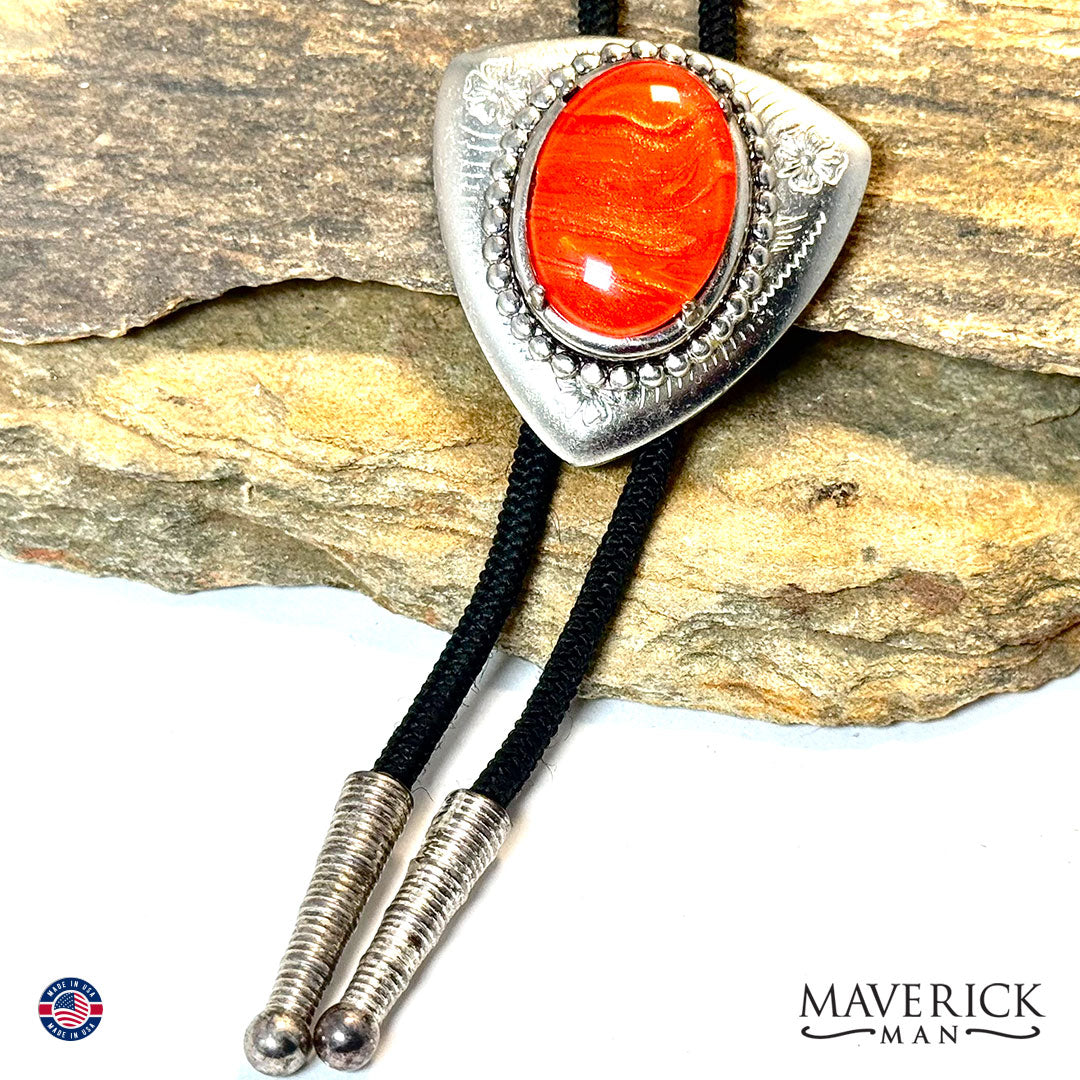 Silver triangular bolo with orange hand painted stone