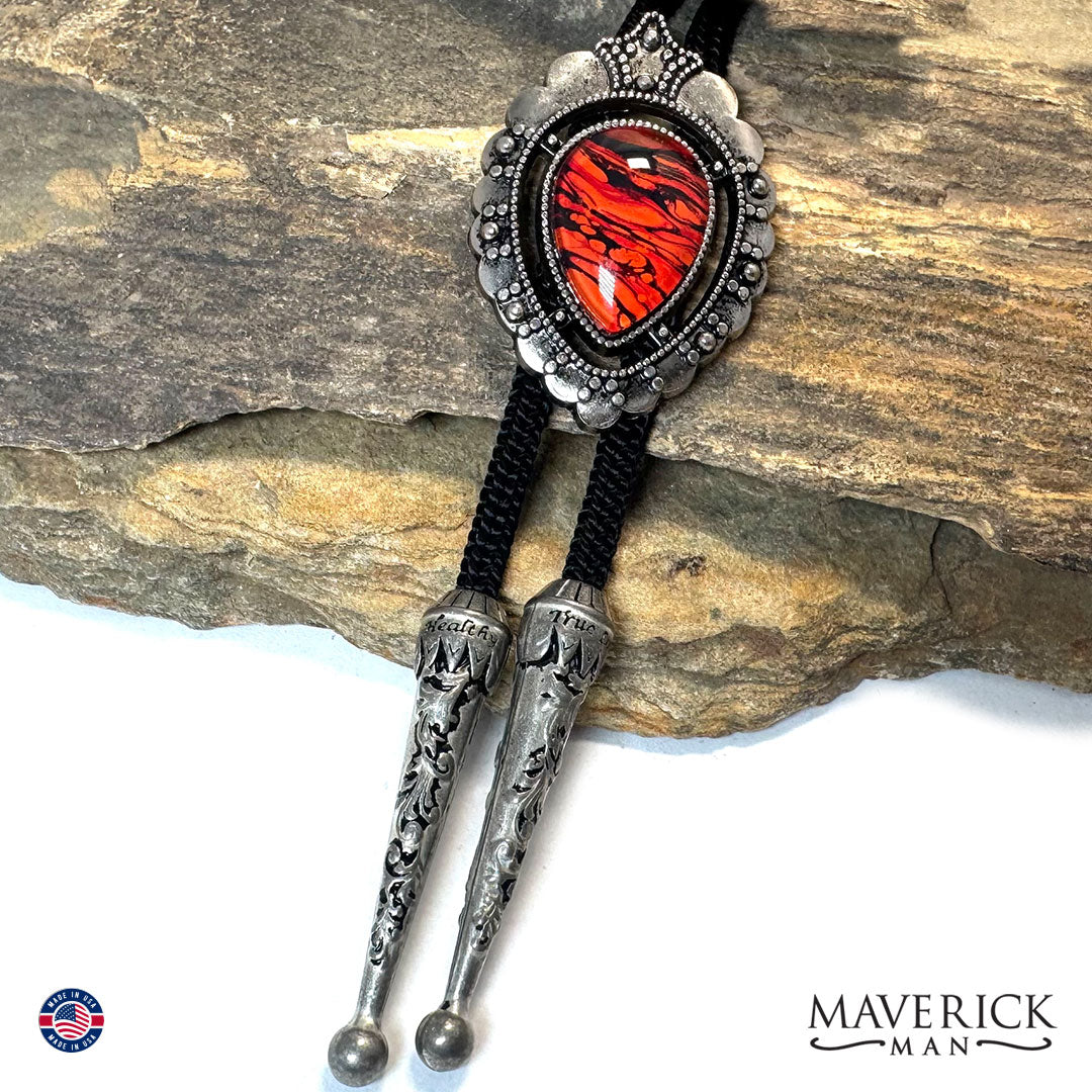 Silver bolo with red earth tones hand painted stone