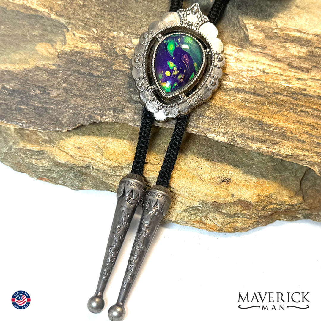 Bolo tie with long cords and Mardi Gras colors