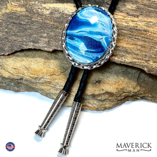 Large silver bolo tie with hand painted stones