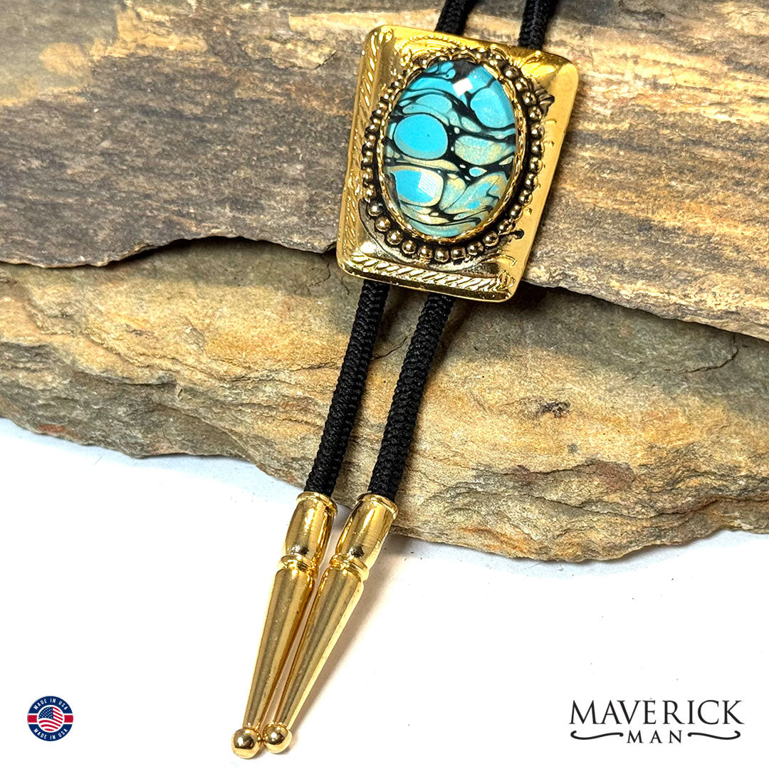 Golden bolo with hand painted stone in gold and turquoise