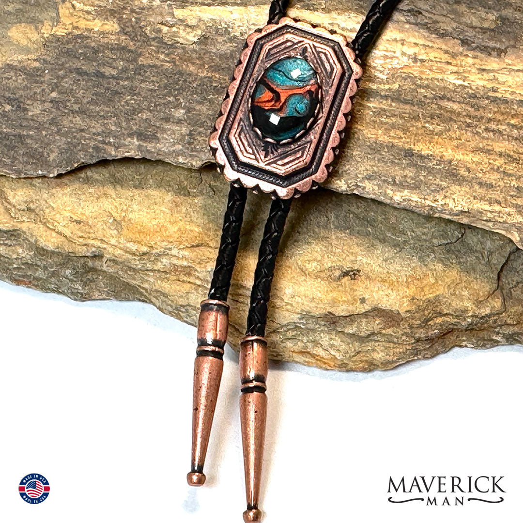 Copper geometric bolo tie with hand painted stone
