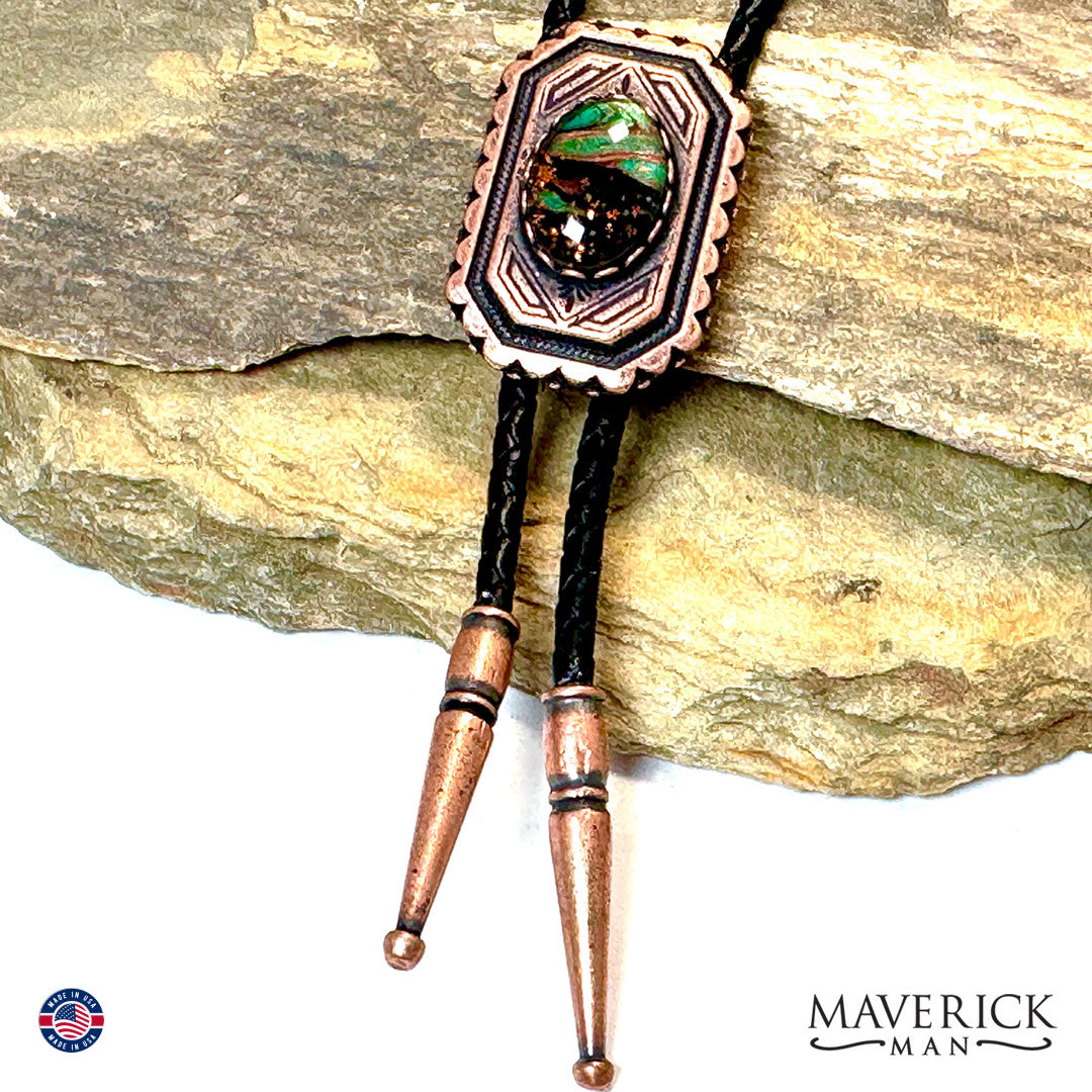 Copper geometric bolo tie with hand painted stone
