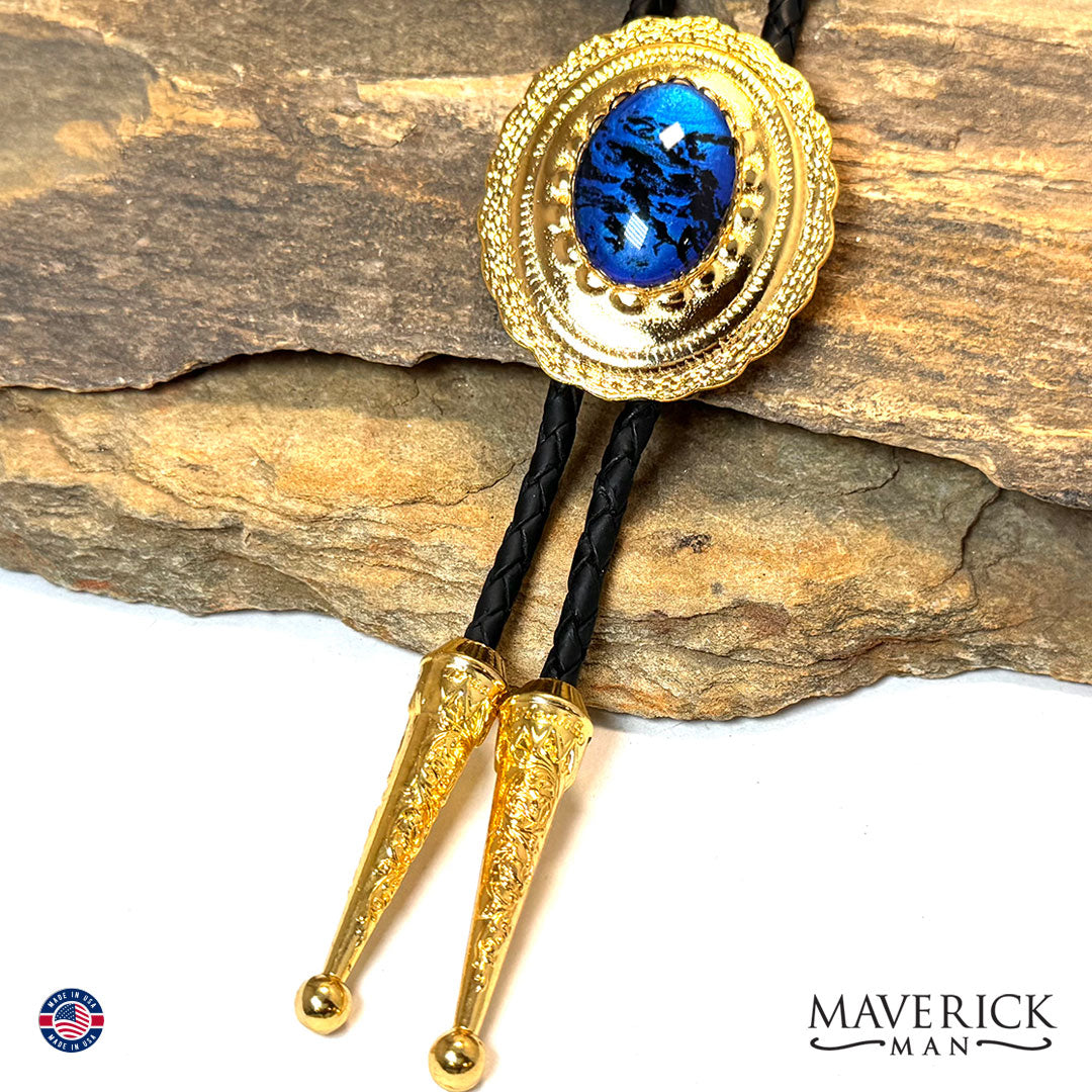 Golden concho bolo with black and blue hand painted stone