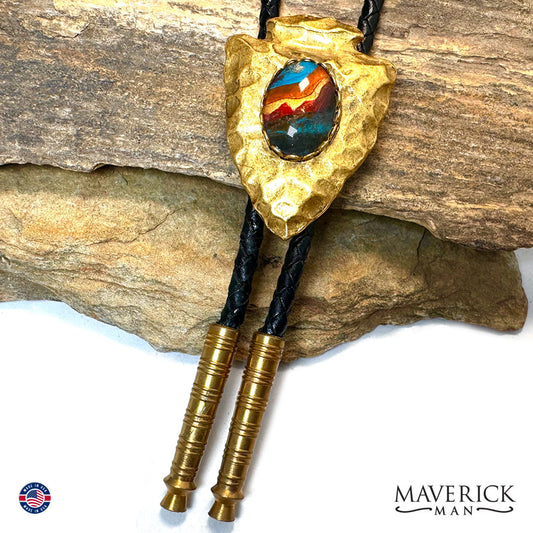 Golden arrowhead bolo tie with southwestern hand painted stone