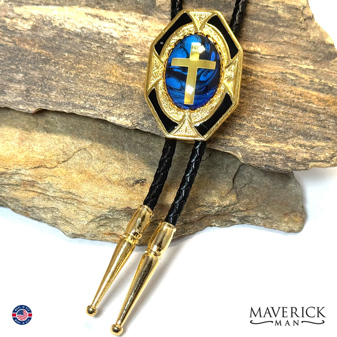 Golden Christian bolo tie with hand painted stone