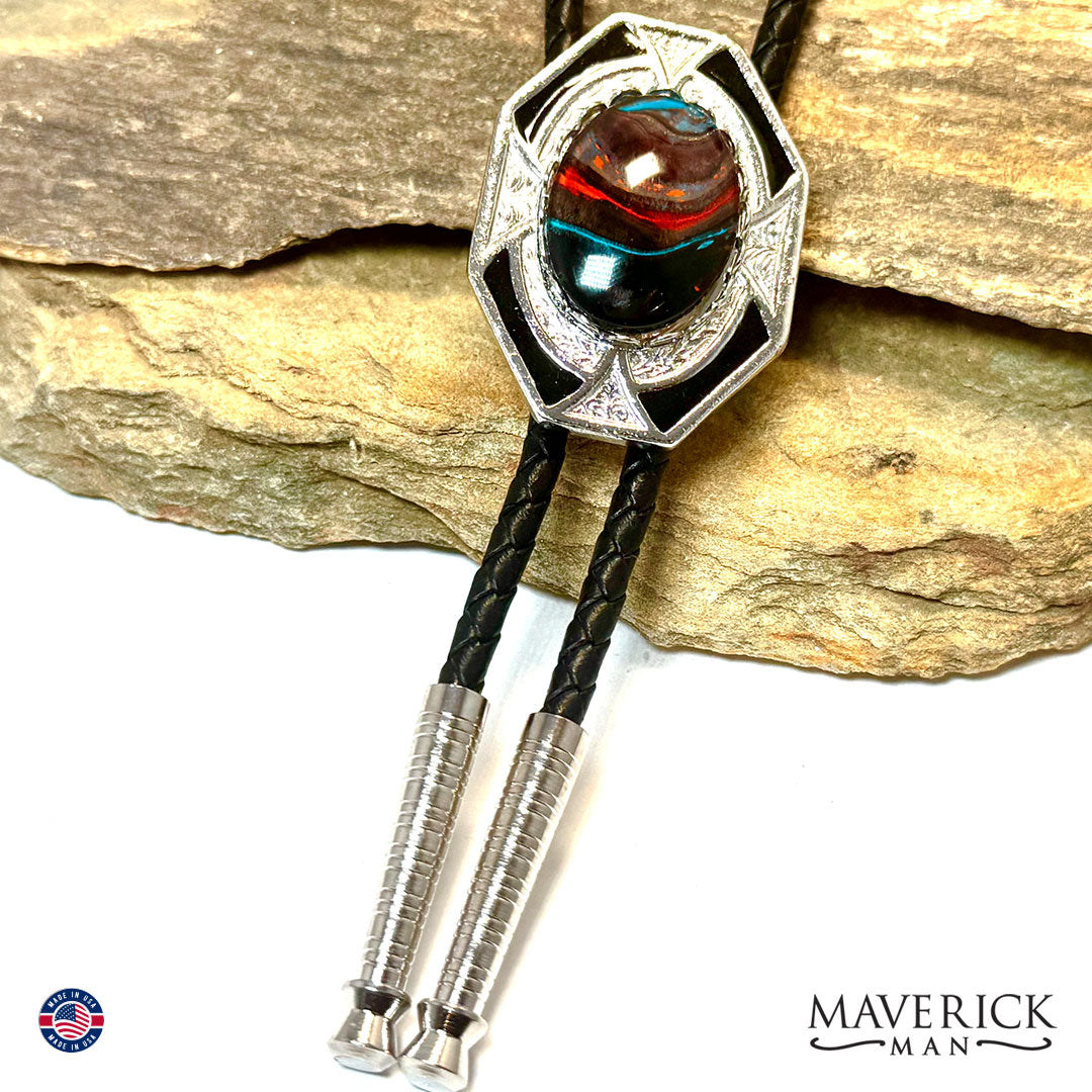 Hand painted southwestern stone in our dressy geometric bolo tie