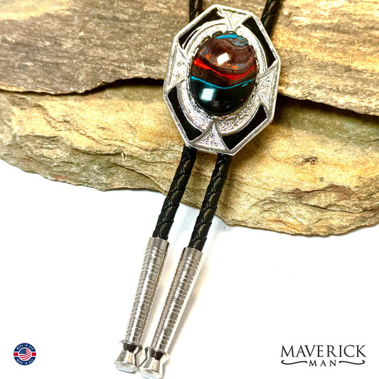 Hand painted southwestern stone in our dressy geometric bolo tie