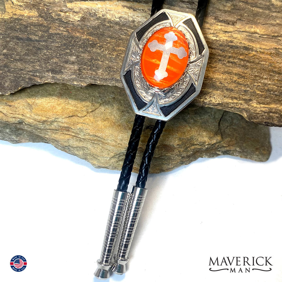 Cross bolo with hand painted orange stone