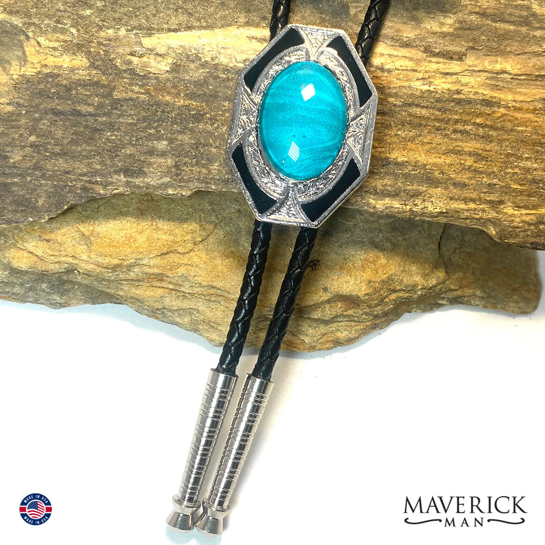 Aqua hand painted stone in our dressy geometric bolo