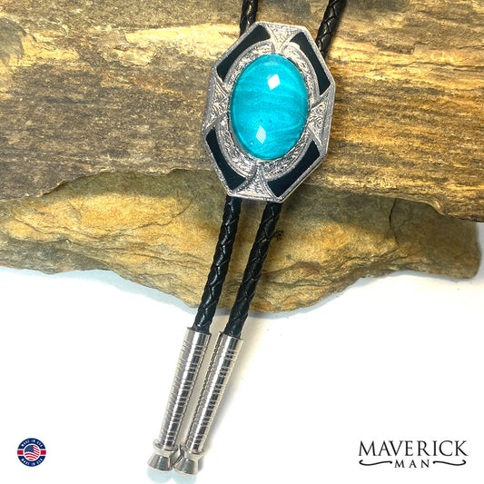 Aqua hand painted stone in our dressy geometric bolo