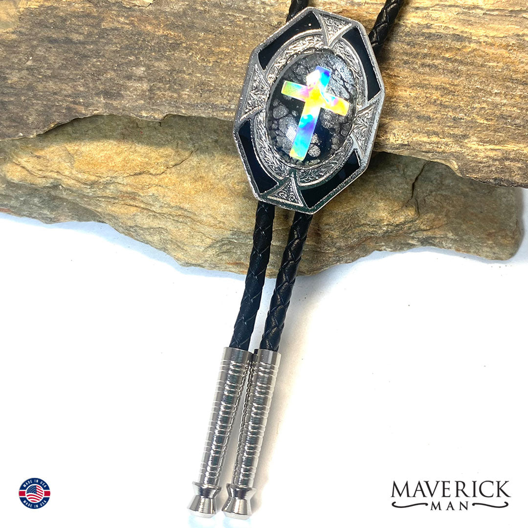 Silver Christian bolo tie with neutral hand painted stone