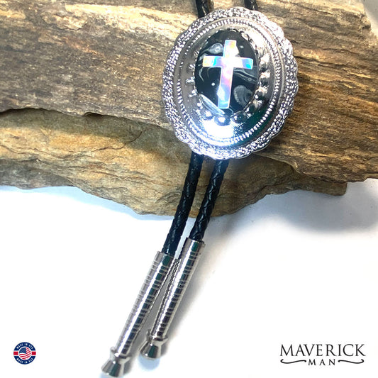 Christian bolo tie with black and white hand painted stone