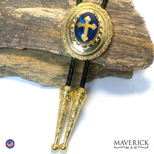 Golden Christian bolo tie with hand painted stone