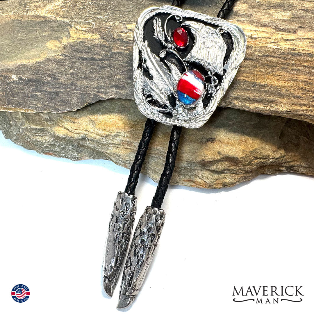 Silver eagle bolo with red white and blue stones
