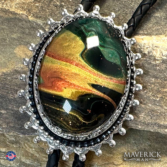 Striking bolo tie and buckle set with our hand painted stones