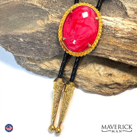 Gold bolo tie with hand painted red on red stone