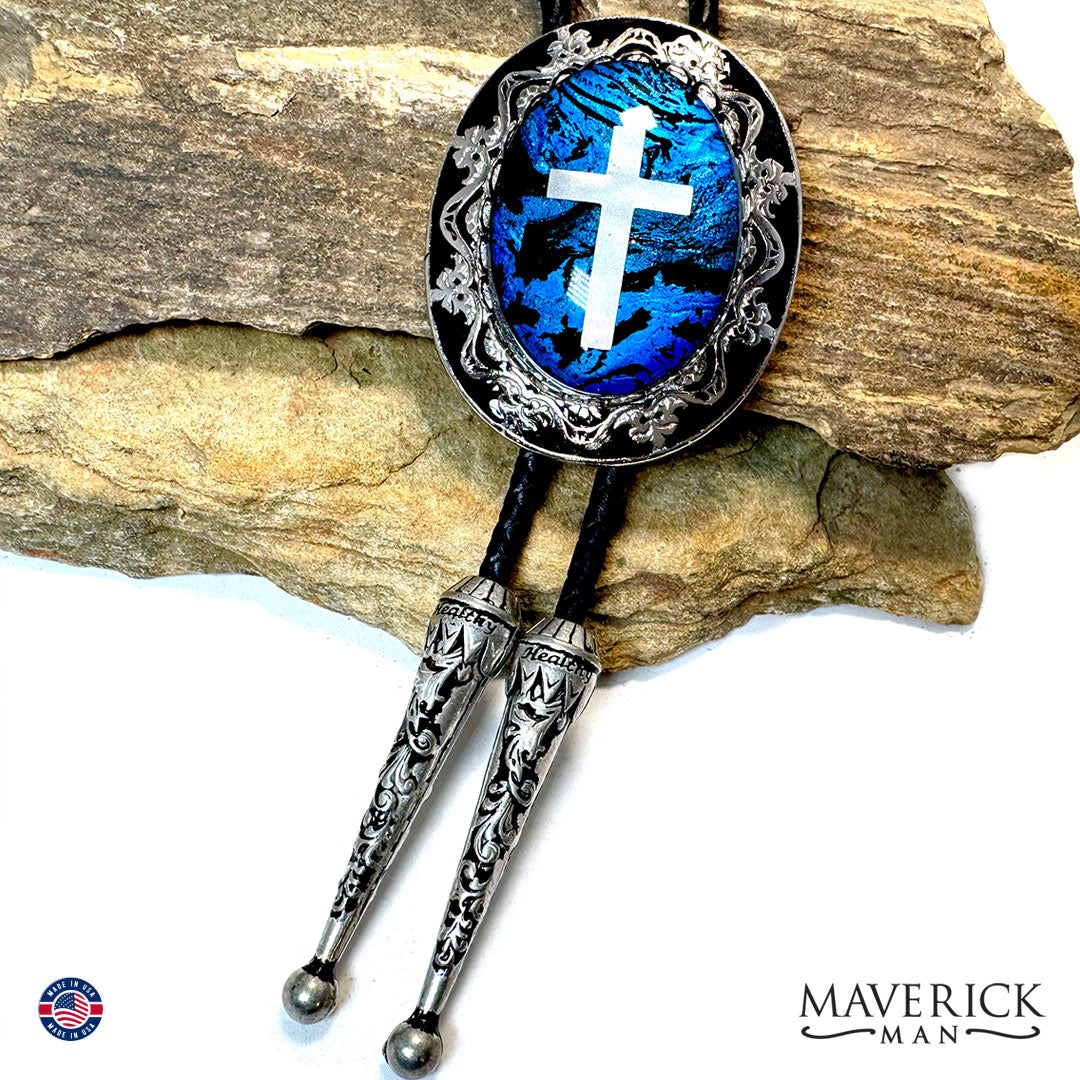Christian bolo tie with black and blue hand painted stone
