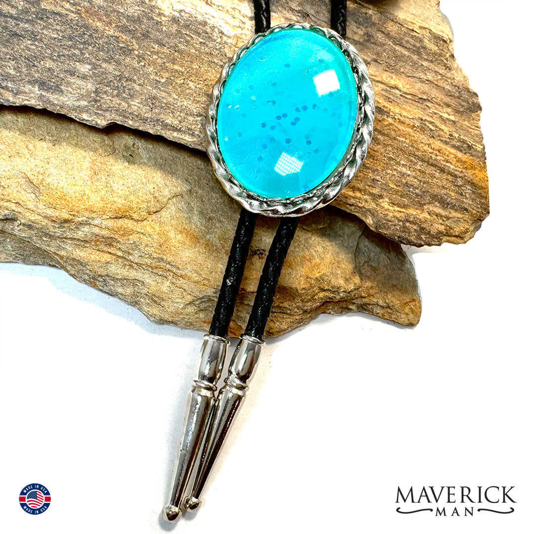 Silver twist bolo tie with metallic turquoise stone with sparkle
