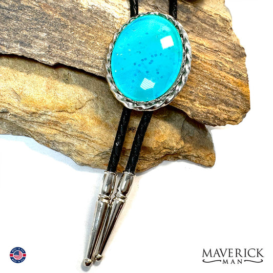 Silver twist bolo tie with metallic turquoise stone with sparkle