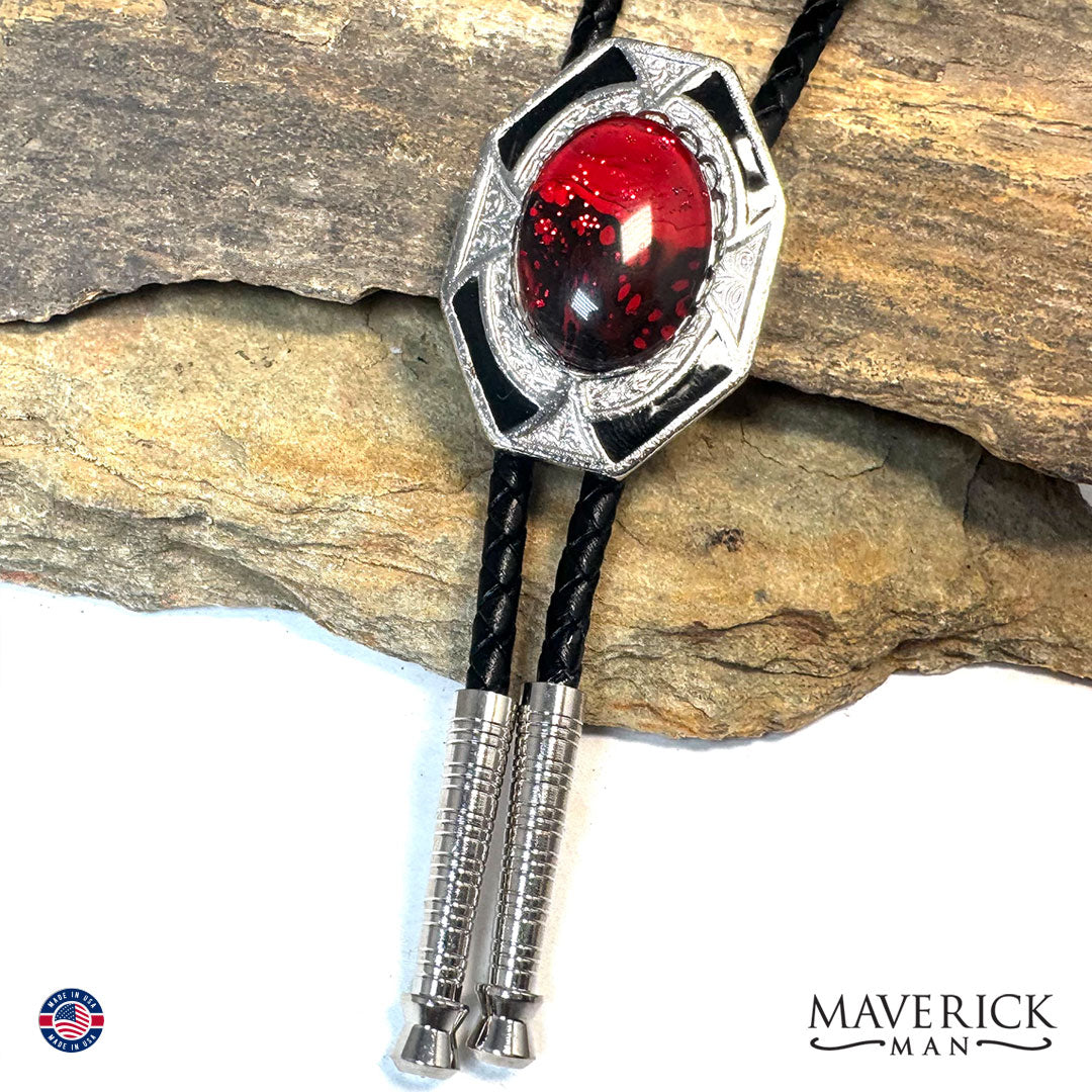 Red and black bolo and buckle set with hand painted stones