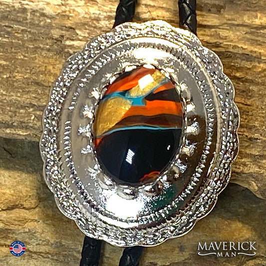 Southwestern bolo tie and buckle set with hand painted stones