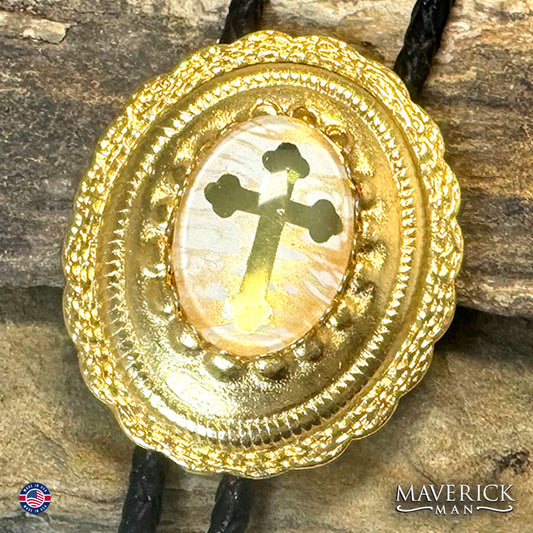 Classy Christian gold and white bolo tie and buckle set