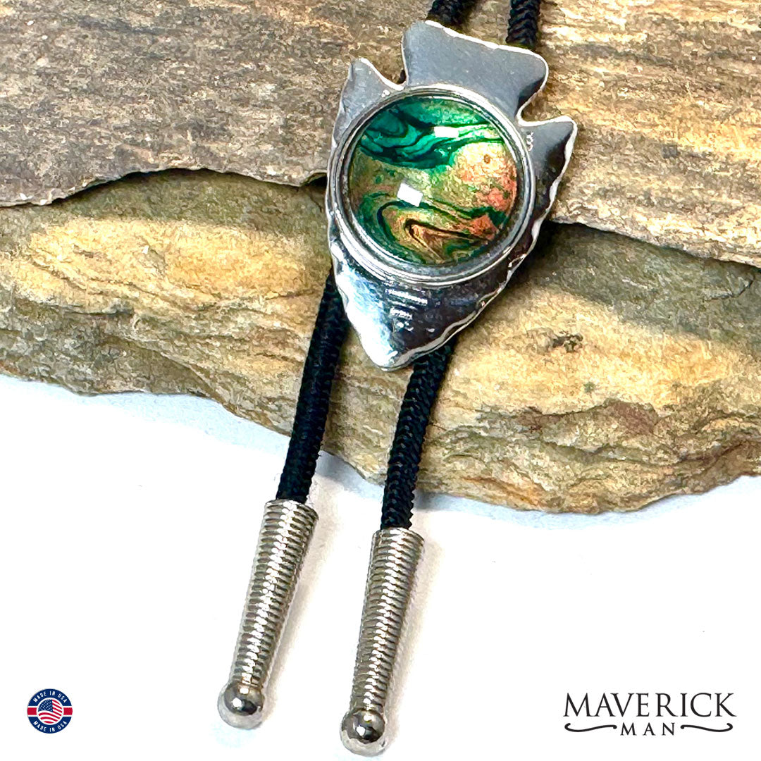 Modern arrowhead bolo with green earthtones hand painted stone
