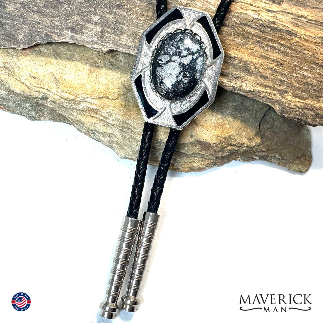 Dressy silver geometric bolo with hand painted stone