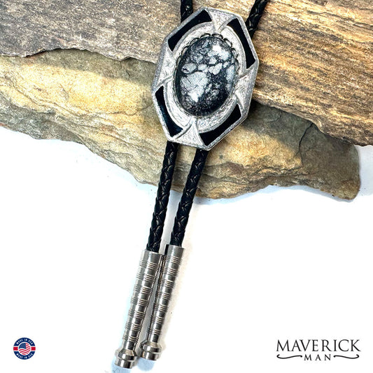 Dressy silver geometric bolo with hand painted stone