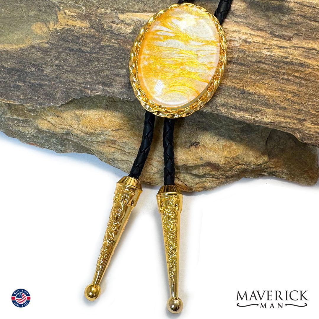 Large golden twist bolo with hand painted stone