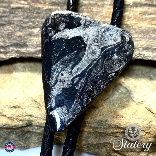 Black and platinum arrowhead bolo tie made from slate