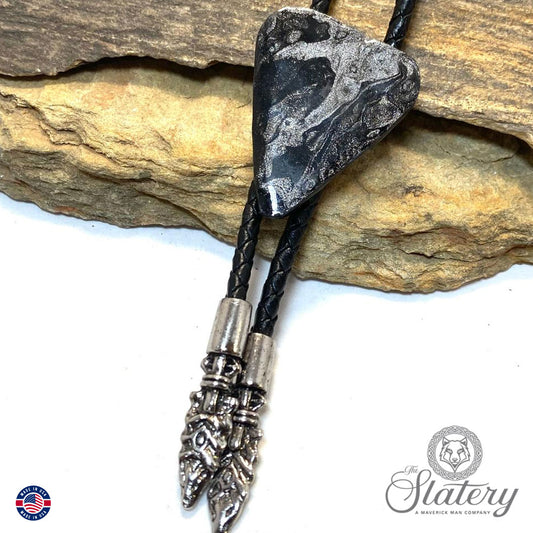 Black and platinum arrowhead bolo tie made from slate