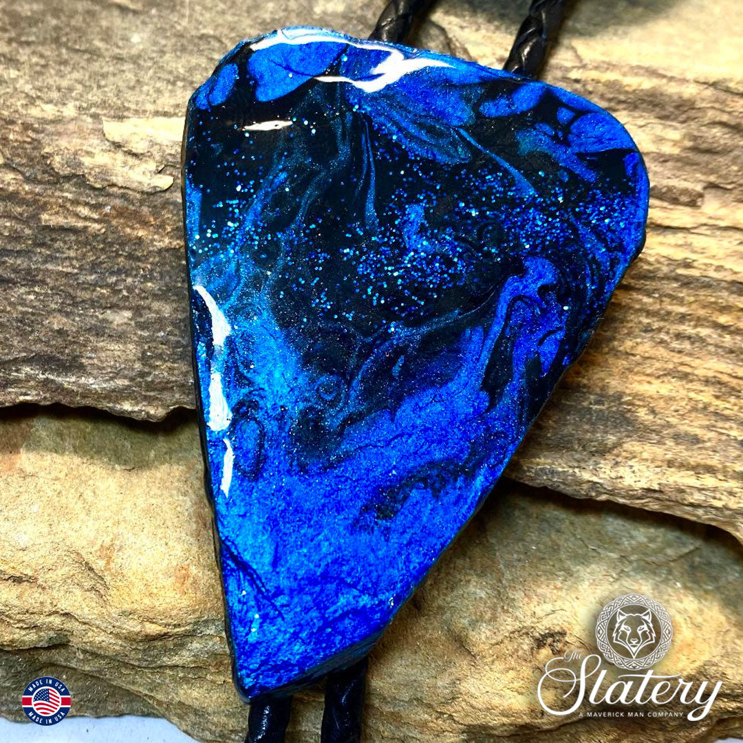 Large slate arrowhead bolo tie in metallic blue and black