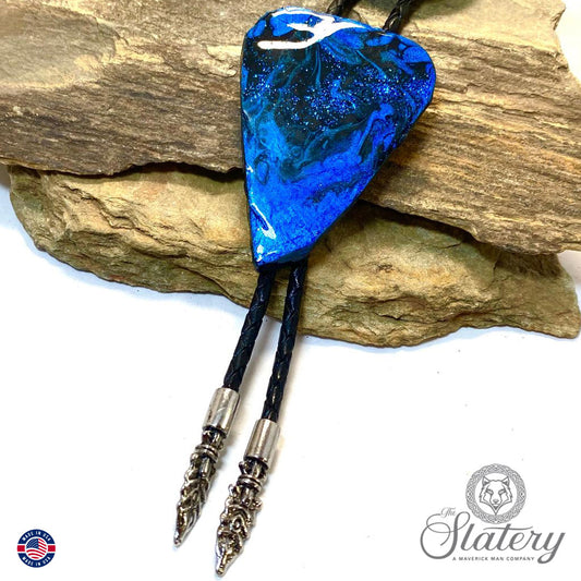 Large slate arrowhead bolo tie in metallic blue and black