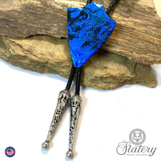 Slate arrowhead bolo tie in metallic blue and black