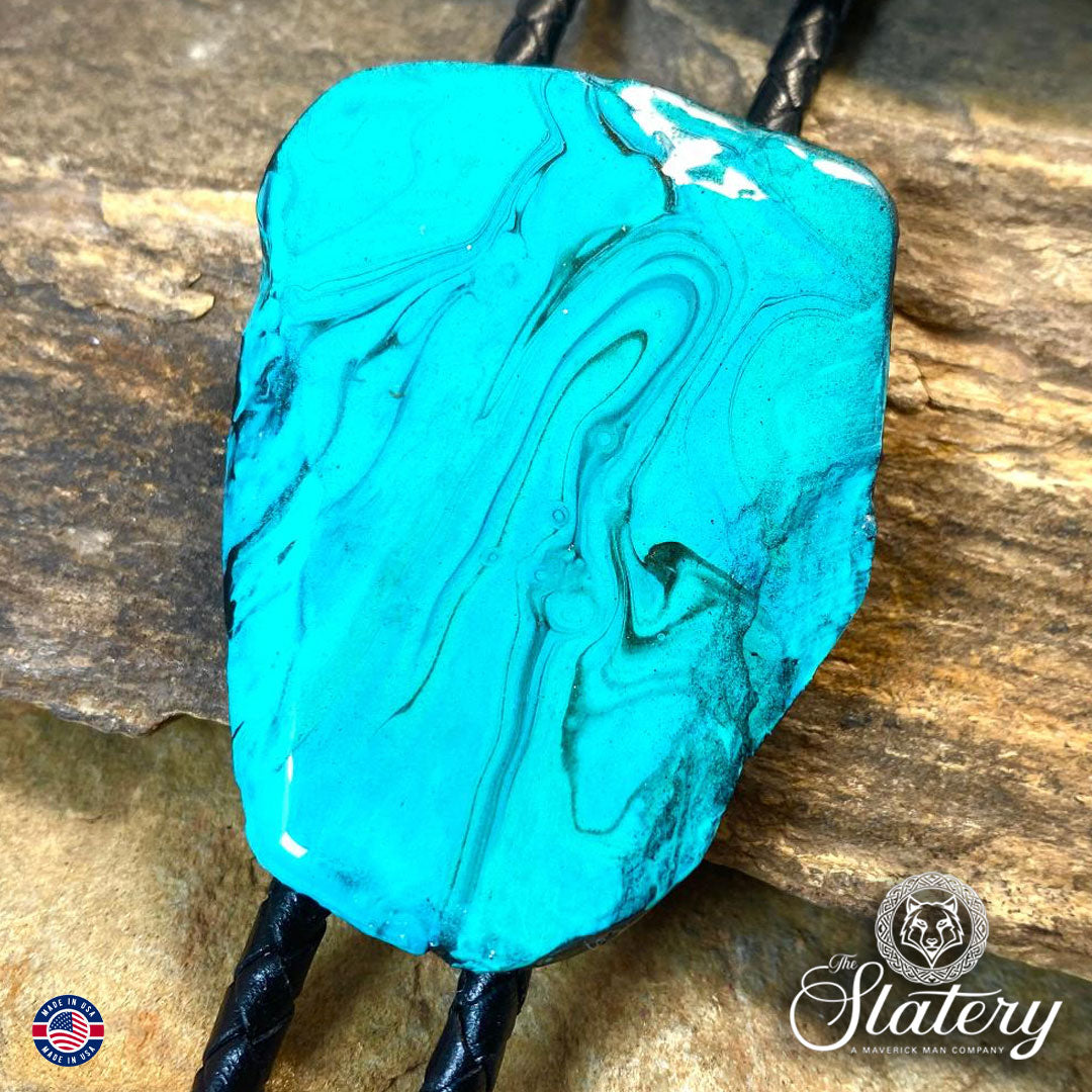 Large slate bolo in turquoise and black poured acrylics