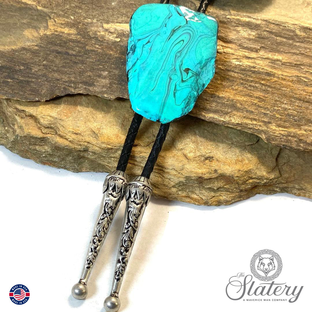 Large slate bolo in turquoise and black poured acrylics