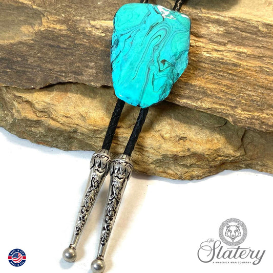 Large slate bolo in turquoise and black poured acrylics