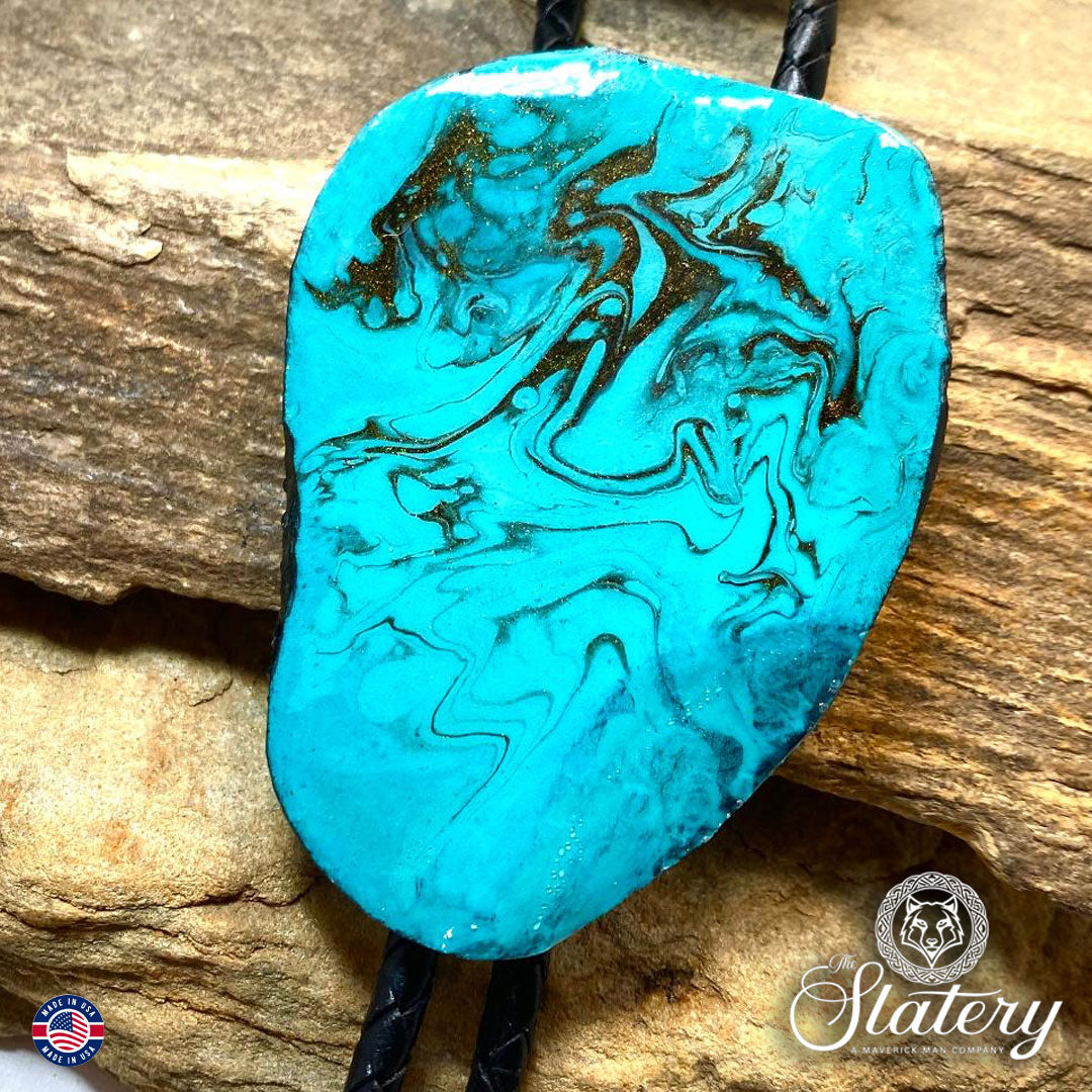 Large slate bolo in turquoise and black poured acrylics