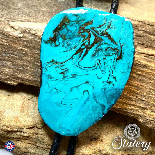 Large slate bolo in turquoise and black poured acrylics