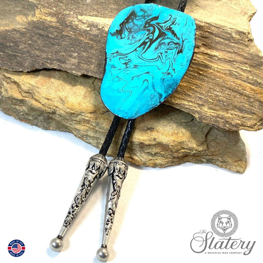 Large slate bolo in turquoise and black poured acrylics