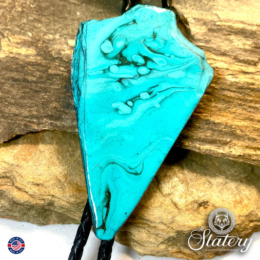 Large slate arrowhead bolo in turquoise and black poured acrylics