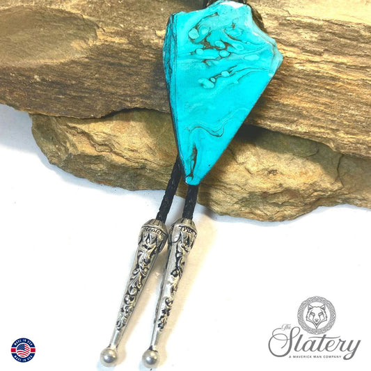 Large slate arrowhead bolo in turquoise and black poured acrylics