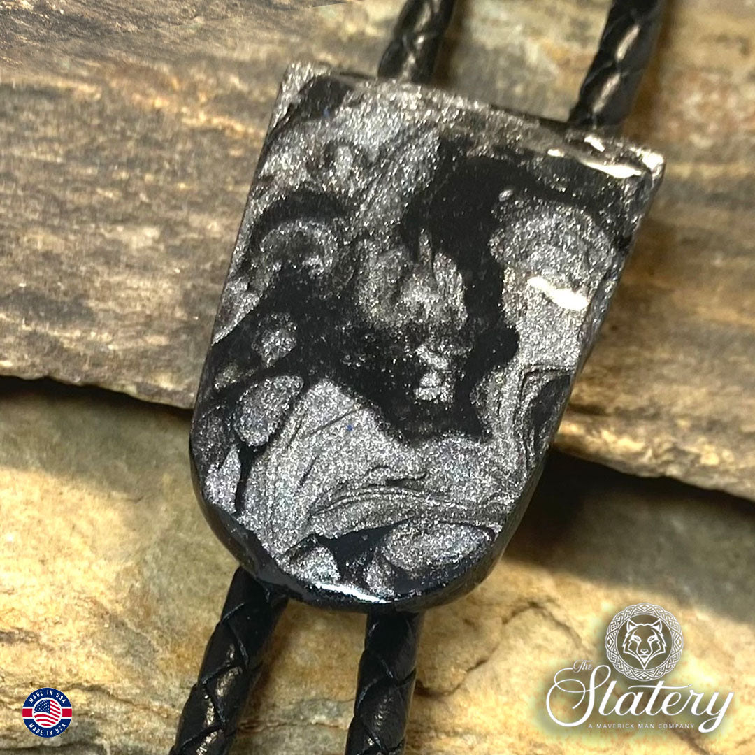 Smaller black and platinum bolo tie made from slate